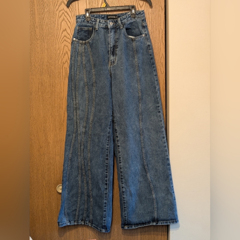 Pretty Little Thing Women's Blue Wide-Leg Jeans With Stitch Detail